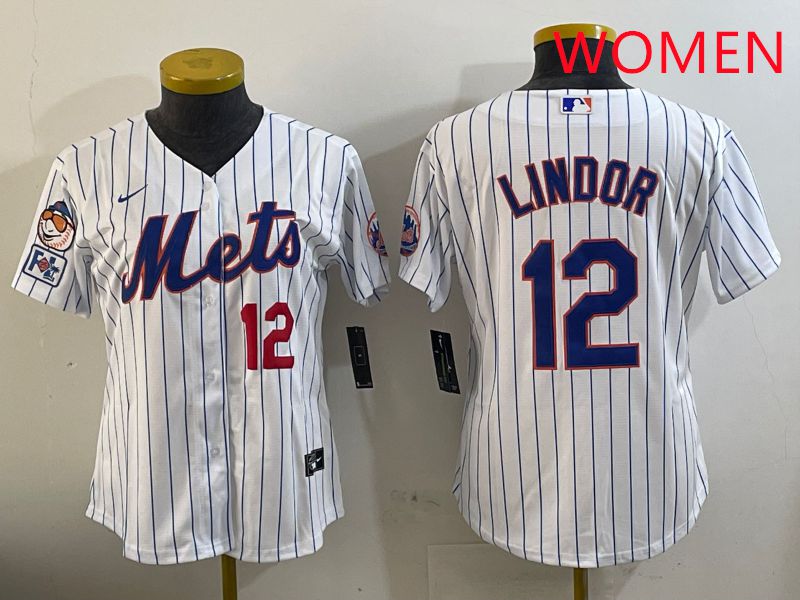 Women New York Mets #12 Lindor White Stirpe Game Fashion 2025 Nike MLB Jersey style 2->women mlb jersey->Women Jersey